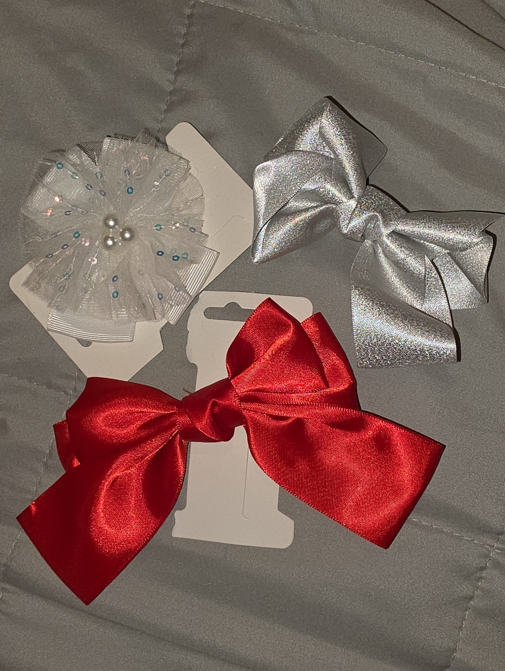 Kids Satin Hair Bow Clip - Red & Silver Set